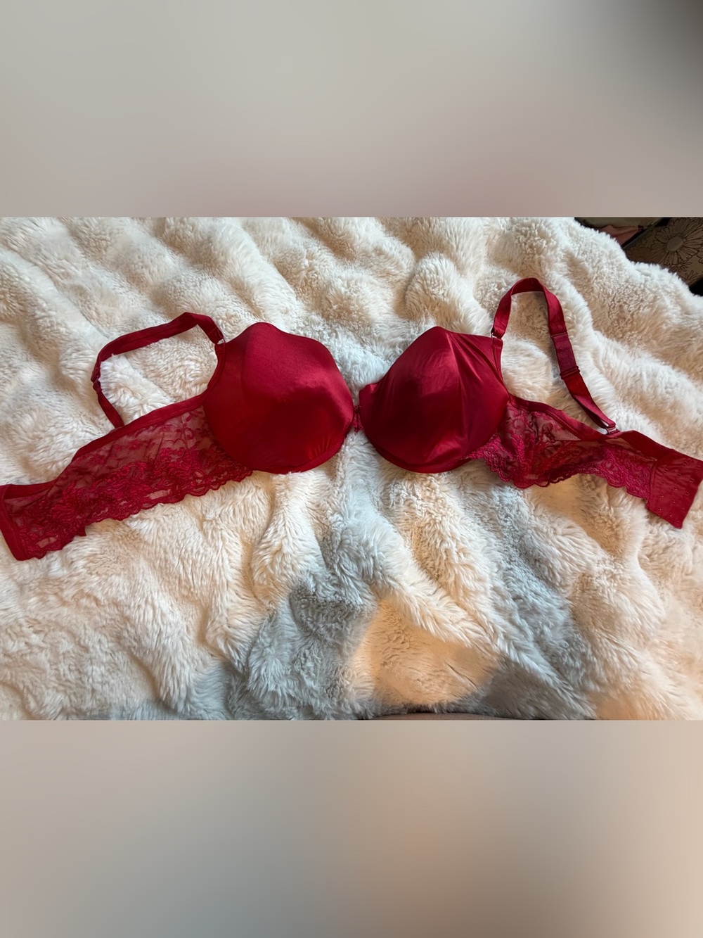 Cacique 44DD Red Satin Lace Balconette Underwire Bra Plus Size